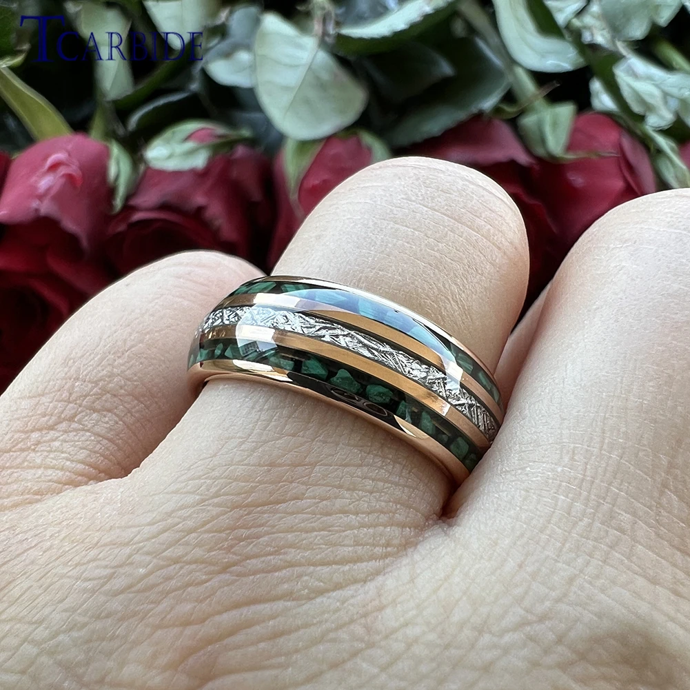 Dropshipping 8MM Men Women New Wedding Band Tungsten Carbide Ring with Bright Meteorite and Malachite Inlay Comfort Fit view 5