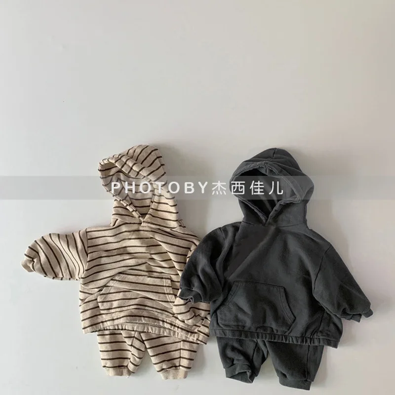 Autumn new Korean version terry sweater set men's and women's treasure neutral loose striped casual pants two-piece set