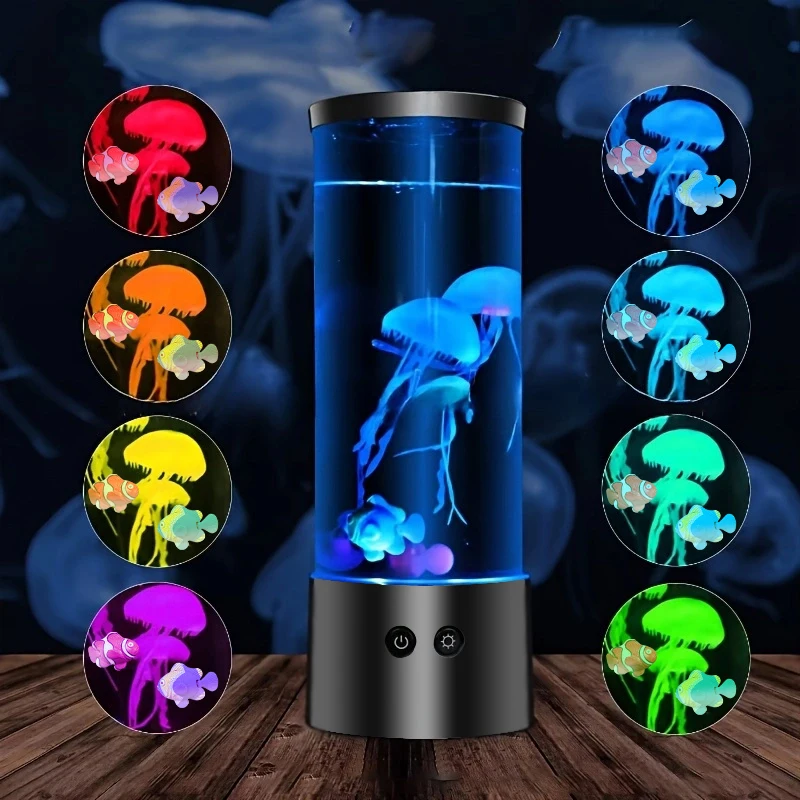 9 inch Custom Fantasy Jellyfish and fish Lava Lamp USB Powered Color Changing LED Jelly Fish Mood Night Light Round Jellyfish La