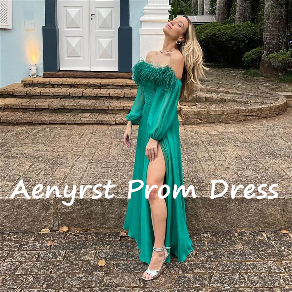 Aenyrst Green Off Shoulder Feathers Prom Dresses Chiffon Puff Sleeves A Line Split Evening Gowns Floor Length Dinner Party Dress