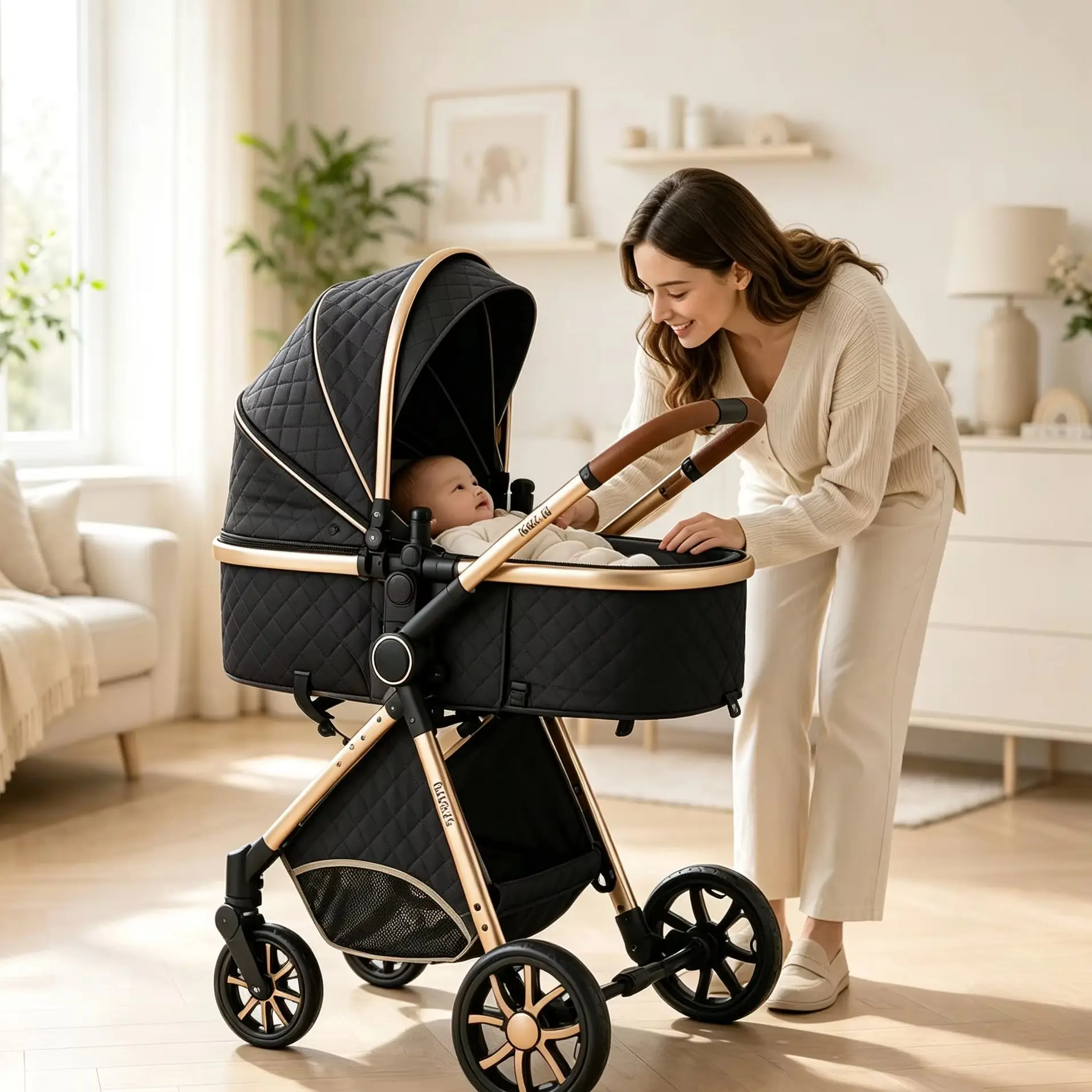 Luxury Stroller 3-in-1 with Car Seat Newborn Five-Point safe Harness Four-wheel Pram Shock-Absorbing Foldable Baby Travel for Air Travel and Long trip Pushchair with Explosion-Proof EVA wheel with Basket New Model Carriage - zdjęcie 1