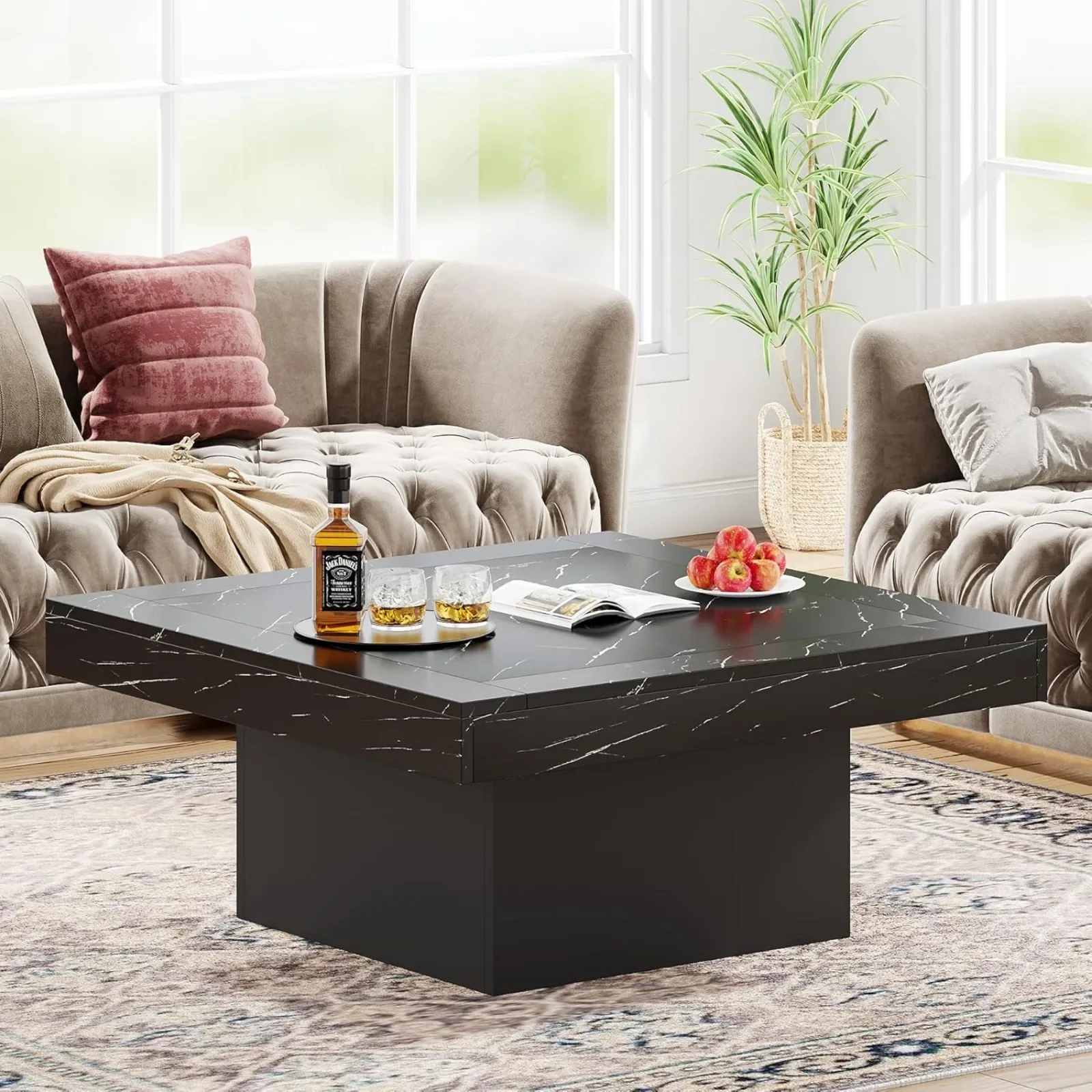 

#For Coffee Table Square LED Coffee Table Engineered Wood Low Coffee Table for Living Room (Faux Marble Black+Black)&