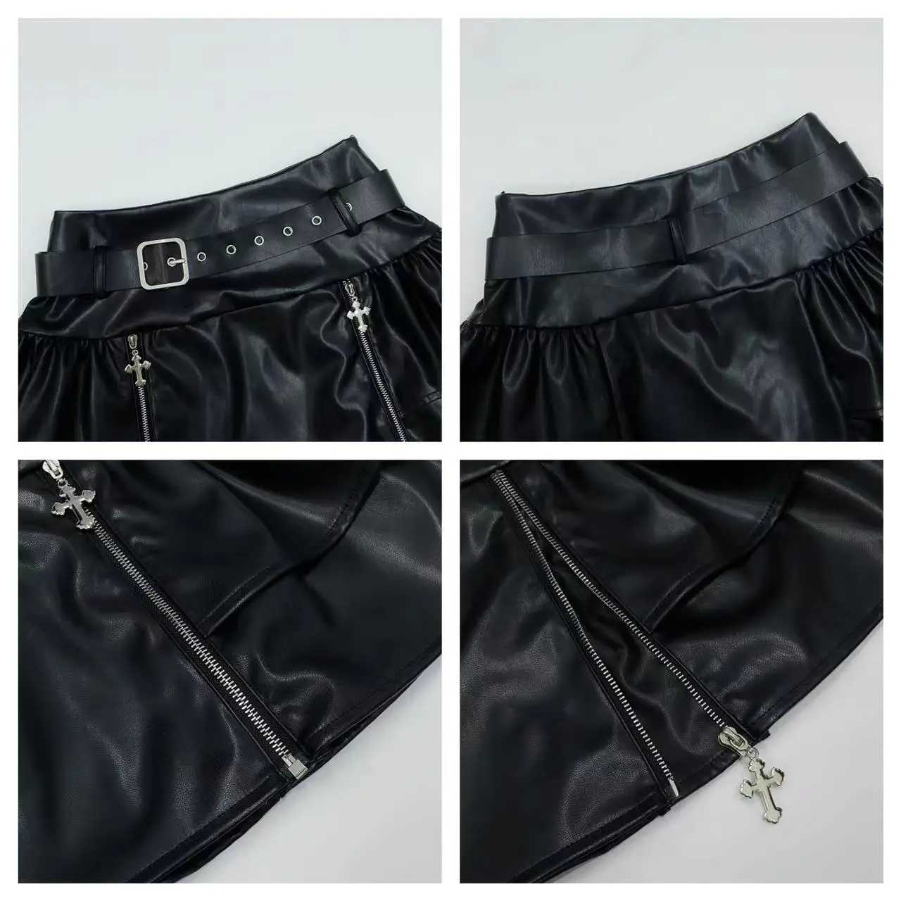 Ruibbit Original Short A-line Women PU Leather Skirt New Autumn Spice Girls Cross Metal Zipper Subculture Gothic Mini Skirts