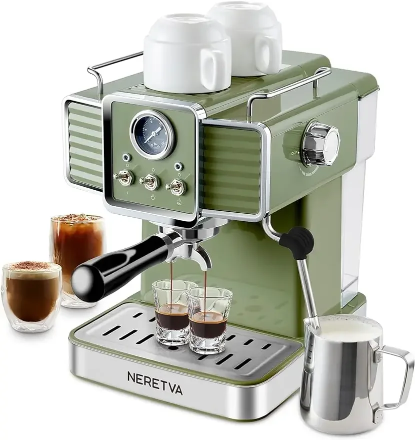 

Neretva-Professional Coffee Maker, 15 Bar Espresso Machine, Milk Frother, Steam Wand, Green, Home Barista, 1350W