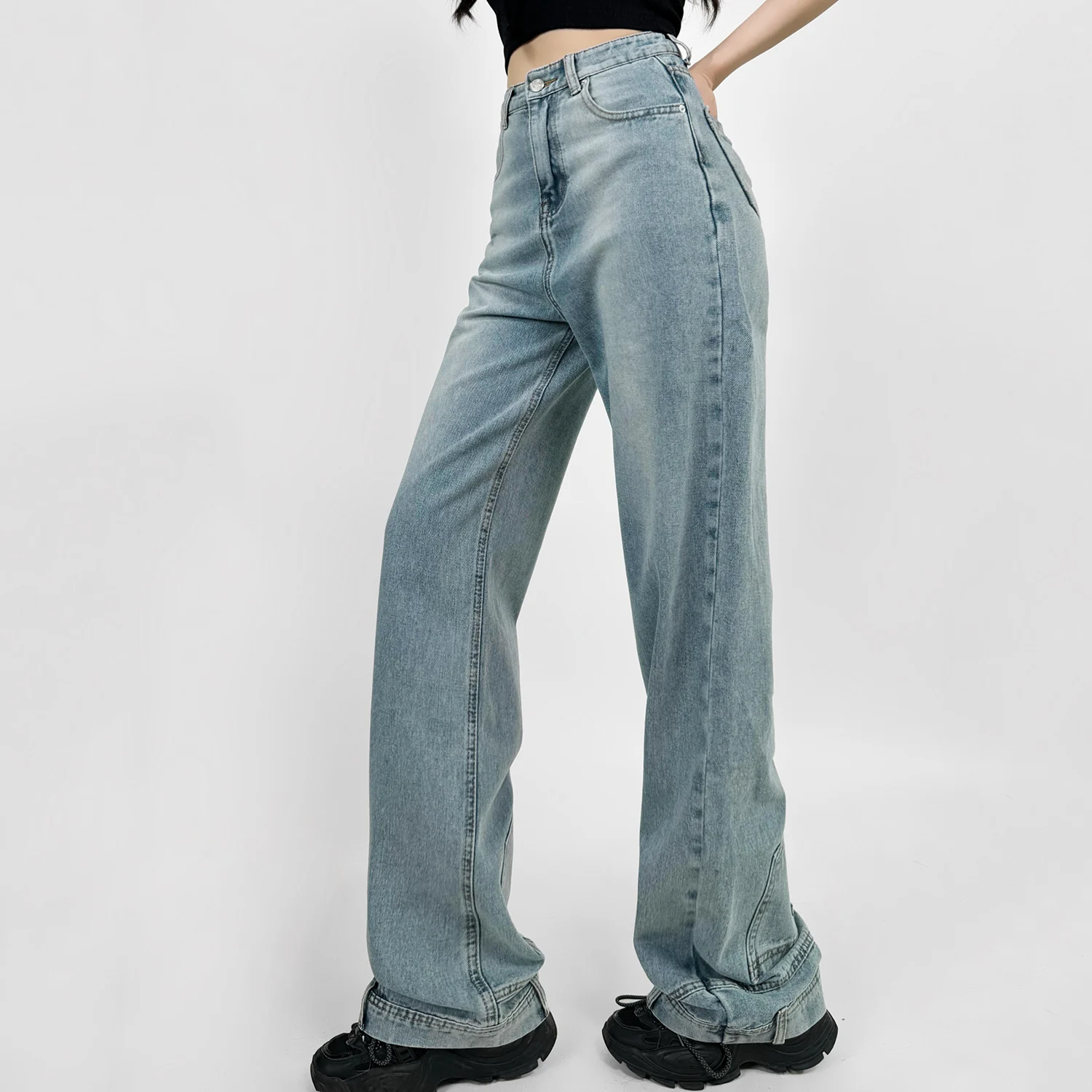 

Прямые джинсы с высокой талией — универсальные джинсы с перевернутой талией и усиленные наколенники