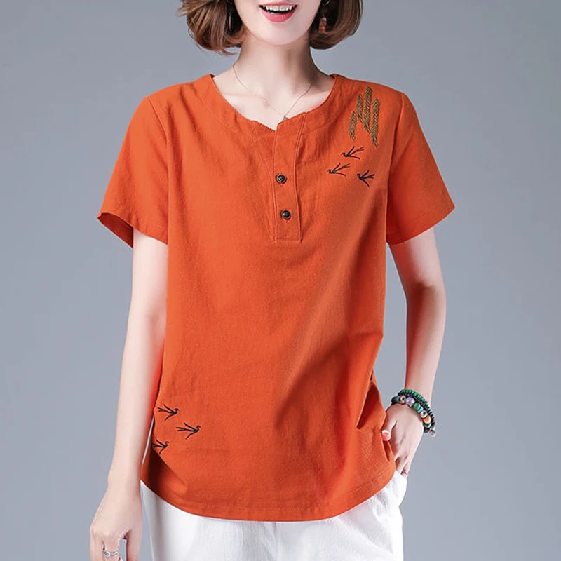 Vintage Ethnic Style Embroidery Round Neck Cotton Linen Shirts Summer Casual Loose Short Sleeve Tops Blouses for Women Clothes