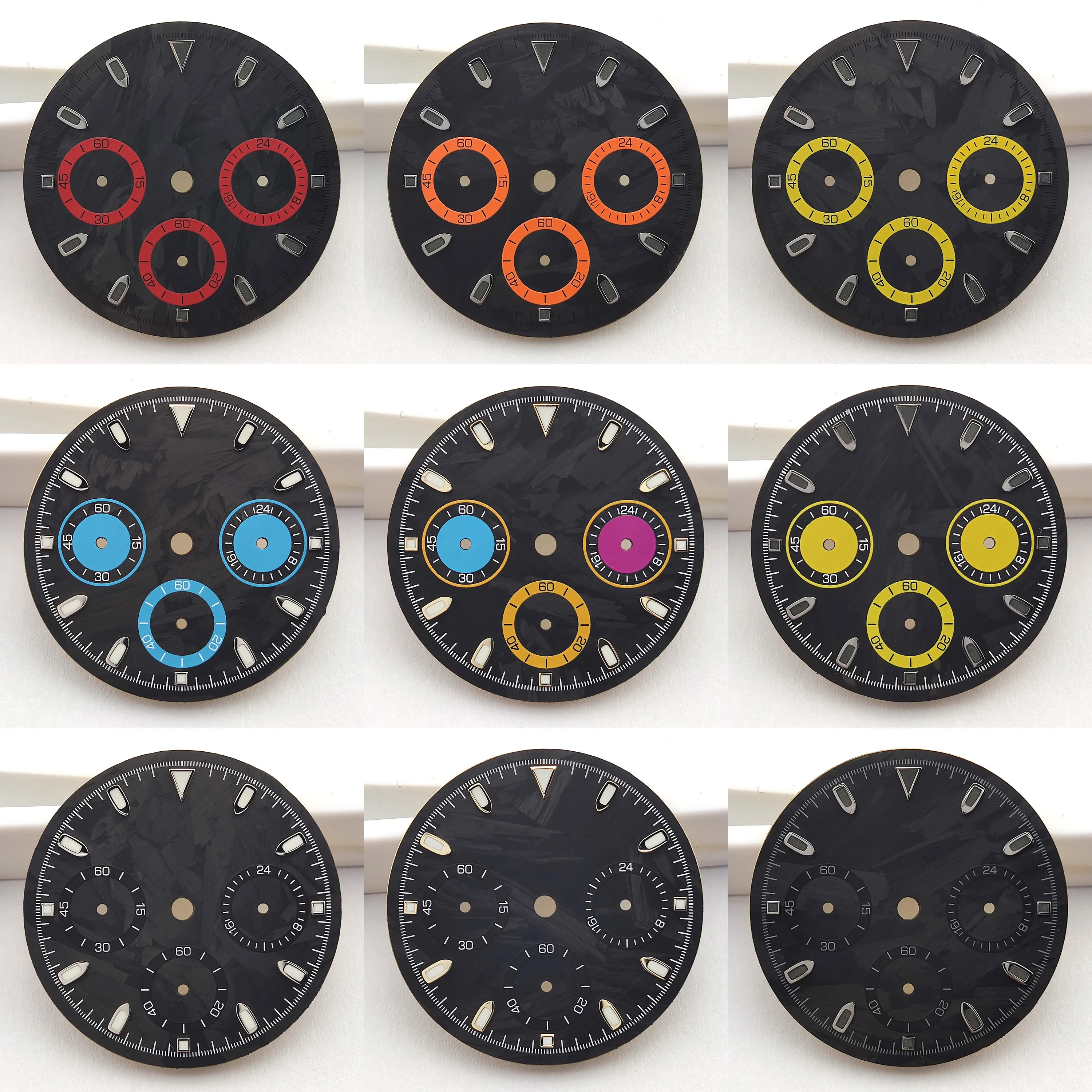 Green luminous Multifunctional watch dial carbon fiber dial 6 hands chronograph function dial fit VK63 Quartz Movement VK63 Dial