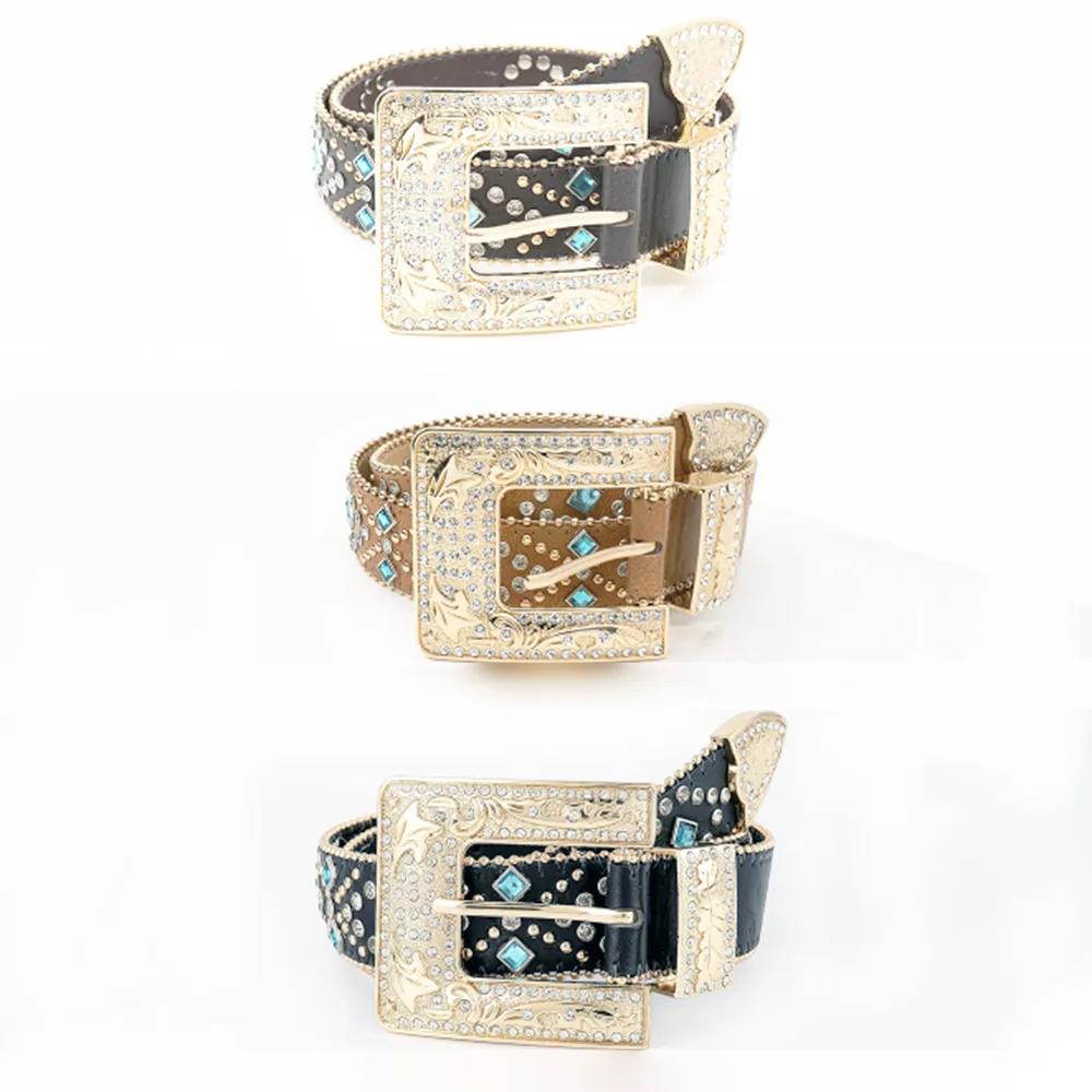 Bohemia Rhinestone Leather Rivet Belts Women, Glitter Vintage Cross Black Metal Decorative Fastener Buckle Belt for Woman