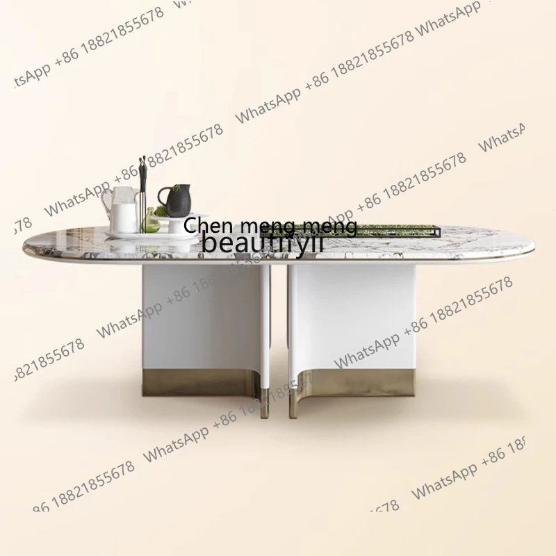 Large flat floor minimalist light luxury natural marble dining table, villa whole house customization