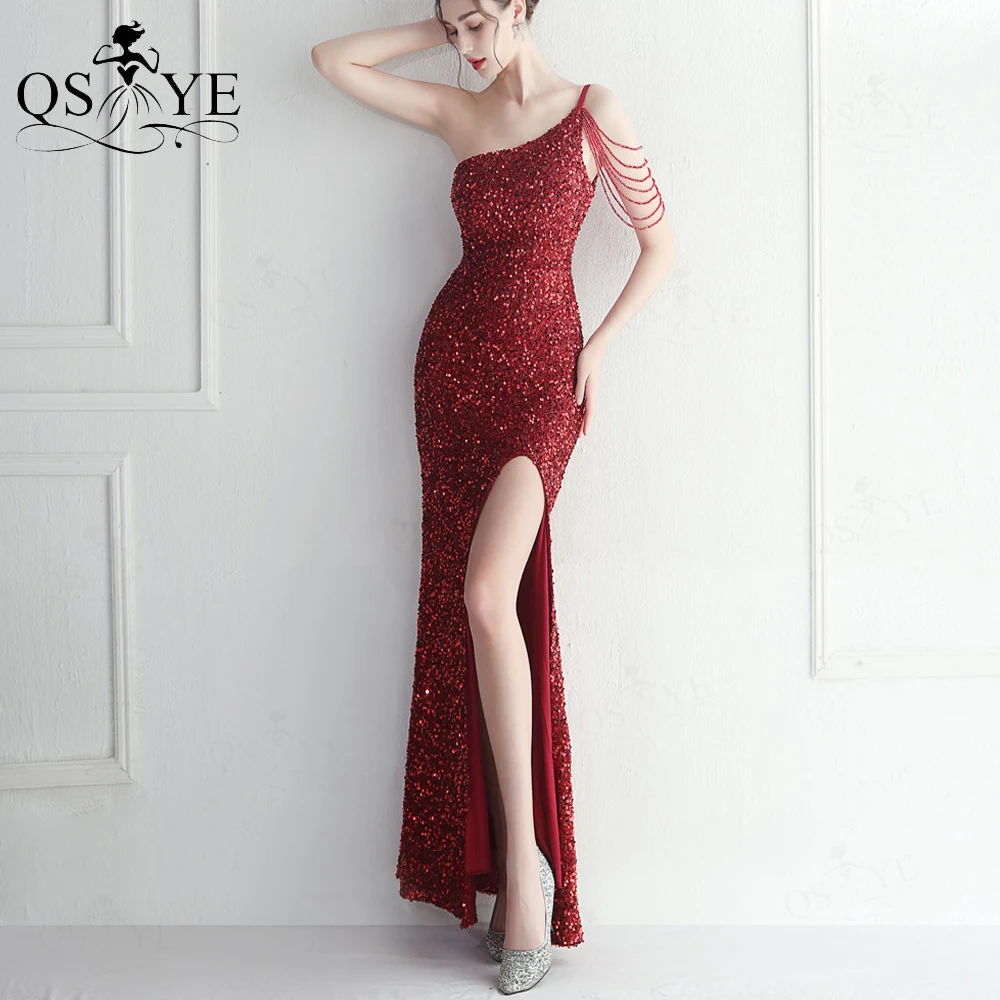 

One Shoulder Red Evening Dresses Beading Strings Glitter Long Sequin Prom Gown Open Split Party Lady Fashion Burgundy Dress Chic