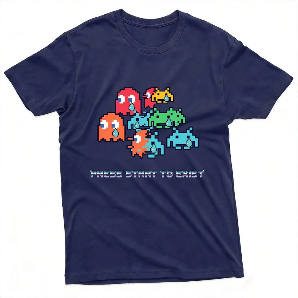 Press Start To Exist Funny Retro Pixel Space Invaders Nostalgic Gaming Meme Casual Cotton Short Sleeve Crew Neck Graphic T-Shirt