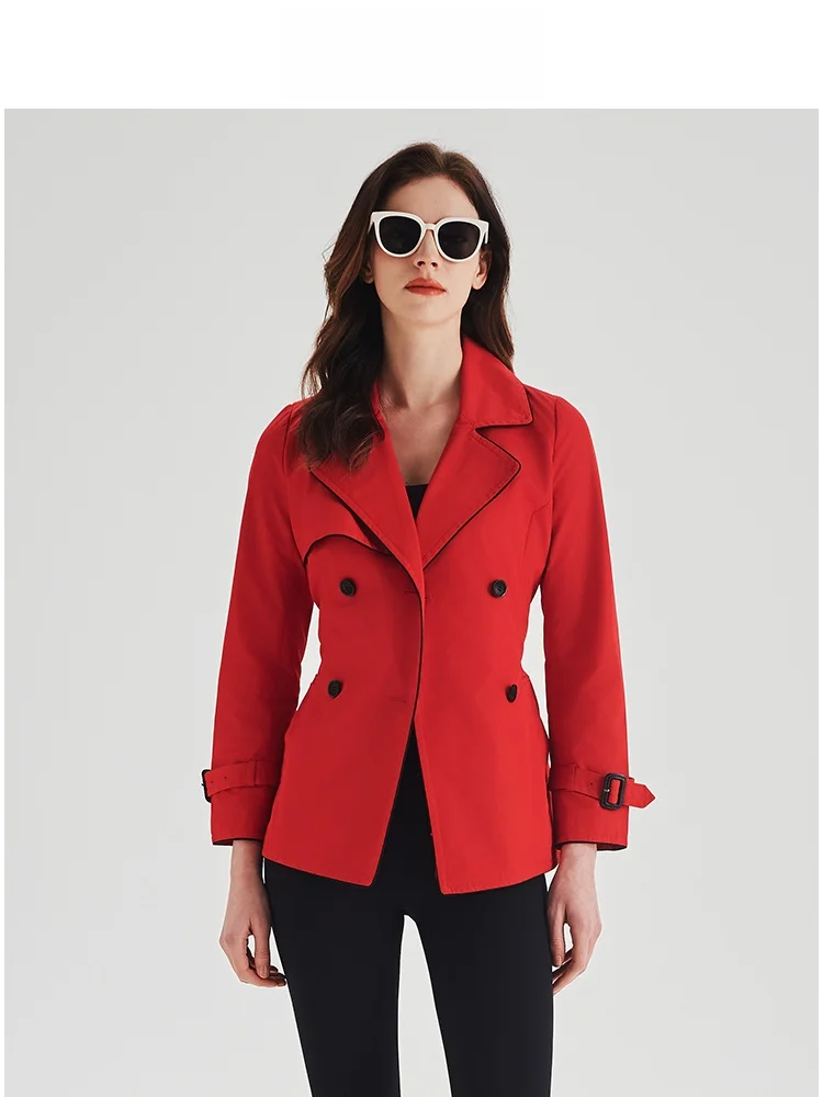 Jaqueta Curta Feminina London Fog com Cinto na Cintura, Abotoamento Duplo, Tecido Fino de Algodão Misto, Respirável, Corta-Vento, Casual