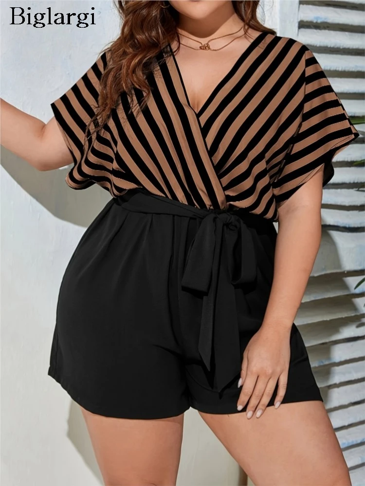 

Plus Size Summer V-Neck Jumpsuit Shorts Women Striped Patchwork Fashion Ladies Jumpsuits Casual Loose Woman Mini Jumpsuit Shorts