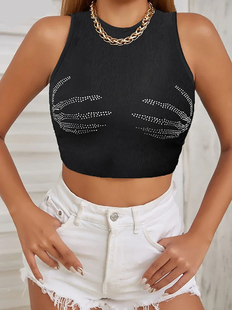 Women's Tank Top Spring Summer Black Ribbed Knit Rhinestone Claw Print Crop Top Valentine's Day Sexy Party Top