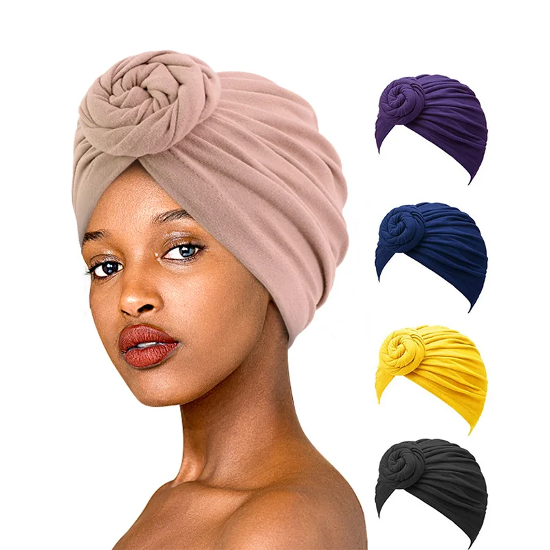 New Women Muslim Turban Hat Cotton Top Knot Flower Decor Headwrap Ladies Hair Cover Bonnet Beanie Headscarf Chemo Cap Bandanas