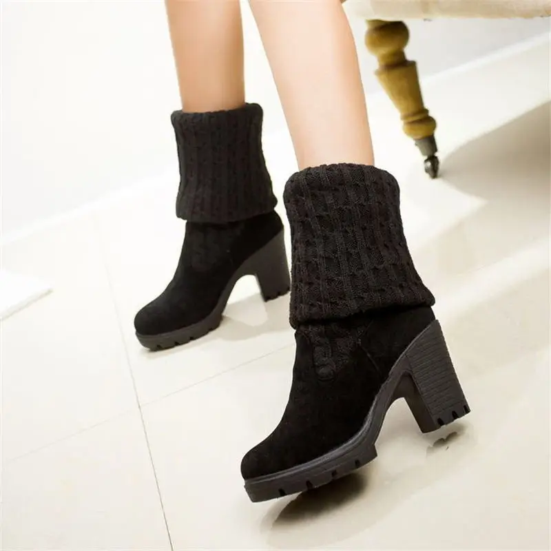 2021 Winter Warm Women Boots Ladies Knee High Shoes Thick Knitted High Heel Boots Round Top Women High Boots Big Size 35-40