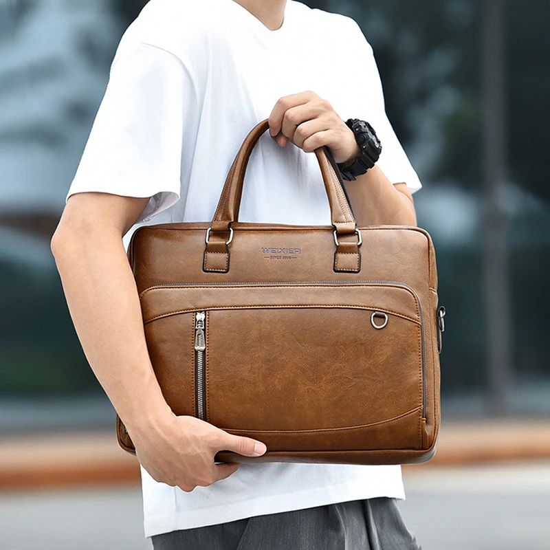 Briefcase for Man PU Leather Handbag Executive 15.6 Inch Laptop Document Shoulder Business Vintage Messenger Designer Office Bag