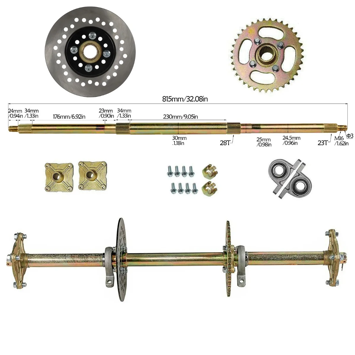 810mm ATV Quad Drift Trike Go Kart Rear Axle Assembly Kit Rotor Sprocket 4 Bolt Hub for ATV Quad Mini Bike