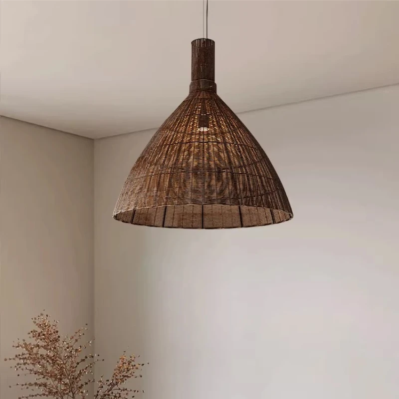 Vintage Rattan Weaving Handmade Pendant Light Restaurant Kitchen Bar Shop Study Homestay Wabi Sabi Style Decoration Hanging Lamp