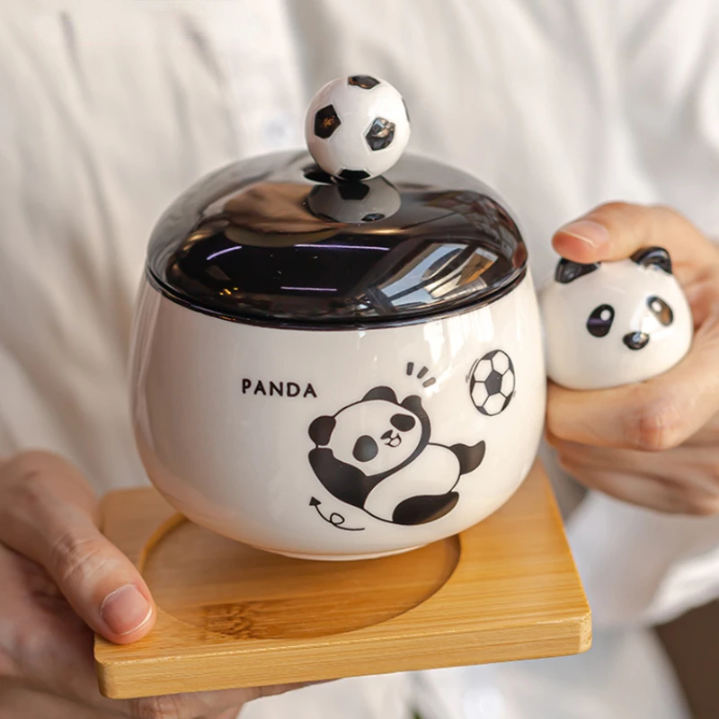 

Creative Cute Panda Football, Mug Large Capacity Covered Spoon Coffee Cup Ceramic Water Cup Couple Breakfast Milk Oatmeal Cup