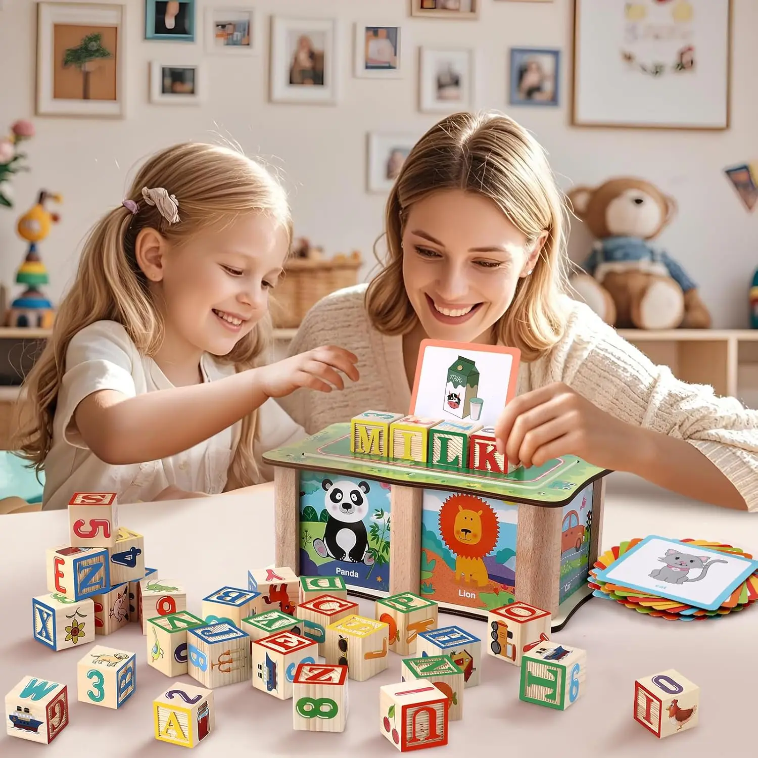 ABC Wooden Blocks for Toddlers 1-3 Alphabet Learning & Educational Toys with Box & Letter Spelling Matching Game, Boys Girls Mon