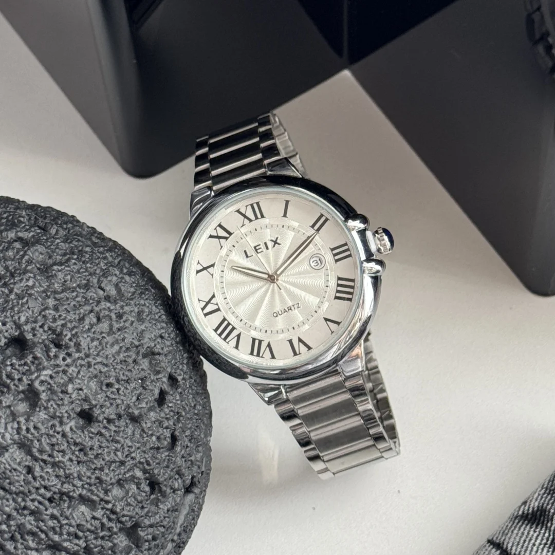 Elegant Men's Watches Roman Scale Analog Quartz Watch For Men Stainless Steel Silver Calendar Wristwatch Gifts Clock Montre