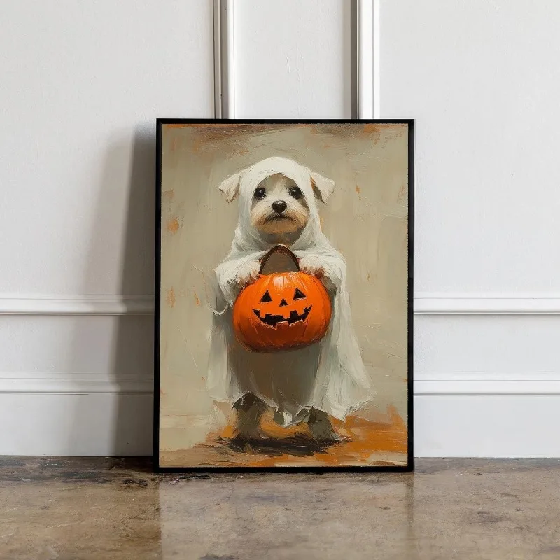 Vintage Painting Cute Ghost Dog Holding Pumpkin Bucket Halloween Canvas Poster Prints Frameless Wall Art Cozy Rustic Warm Decor