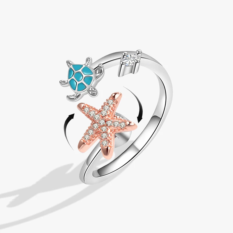 KOFSAC Cute Fashion Zircon Starfish Turtle Ring For Girl Creative Personality Rotating Rings 925 Silver Jewelry