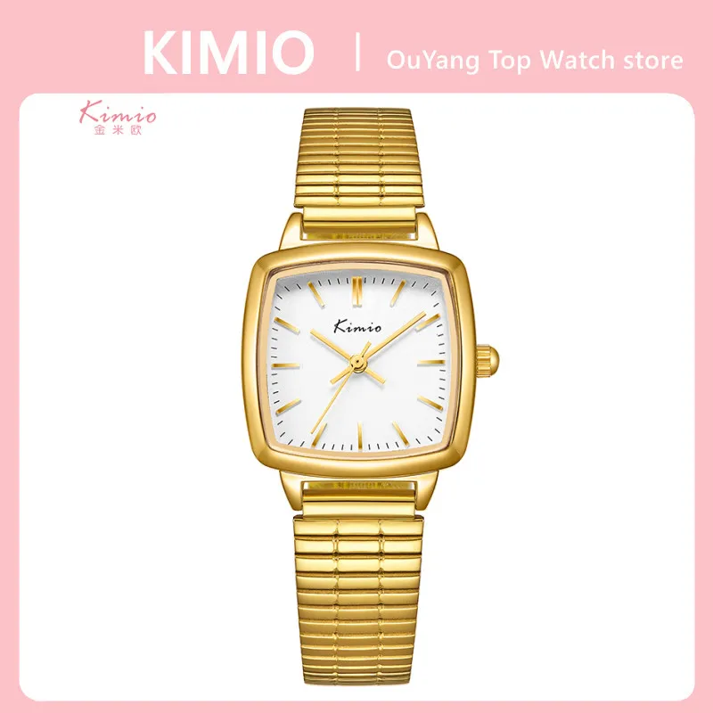 

KIMIO Women Watches Ladies Dress Quartz Watch Simple Waterproof Square Small Dial Stainless Steel Strap Gold Female Wristwatches