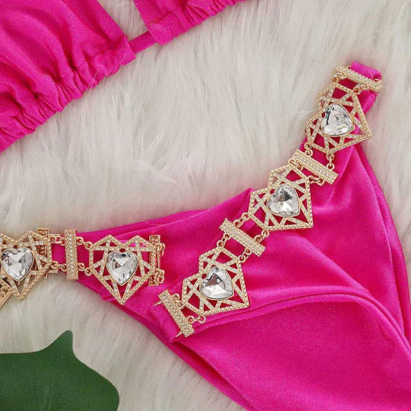 الصلبة اللون حجر الراين بيكيني ضمادة يفصل ملابس السباحة متعدد الألوان