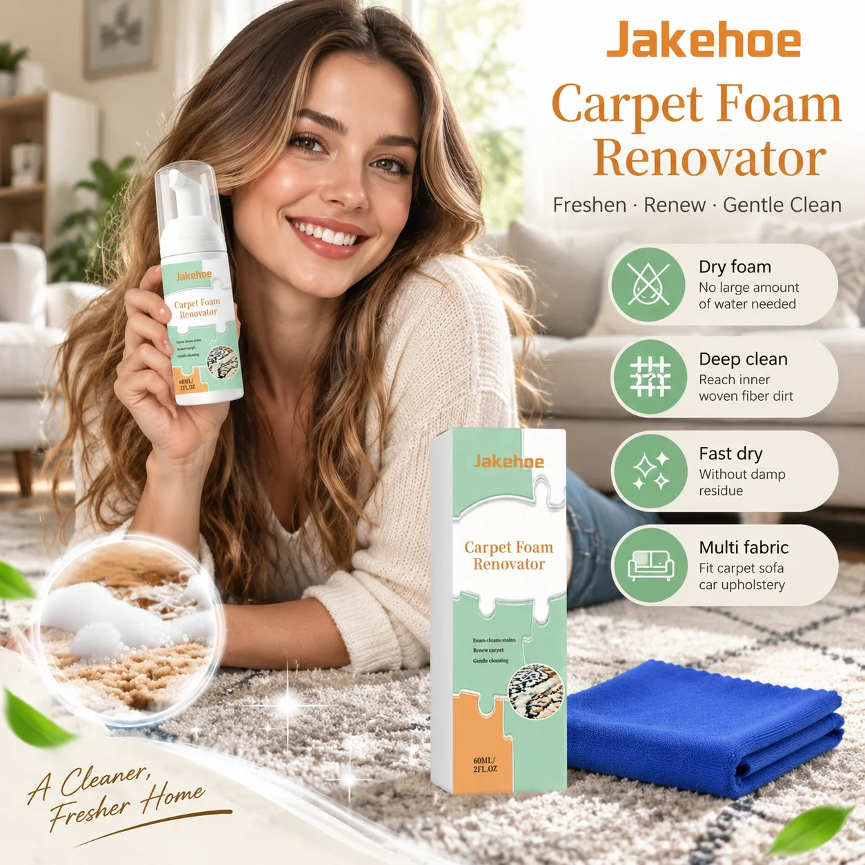 Jakehoe Carpet Foam Renovator Deep Stain Removal Fast Acting No Damp Residue With Cleaning Towel Waterless Seat Cleaner 60ml
