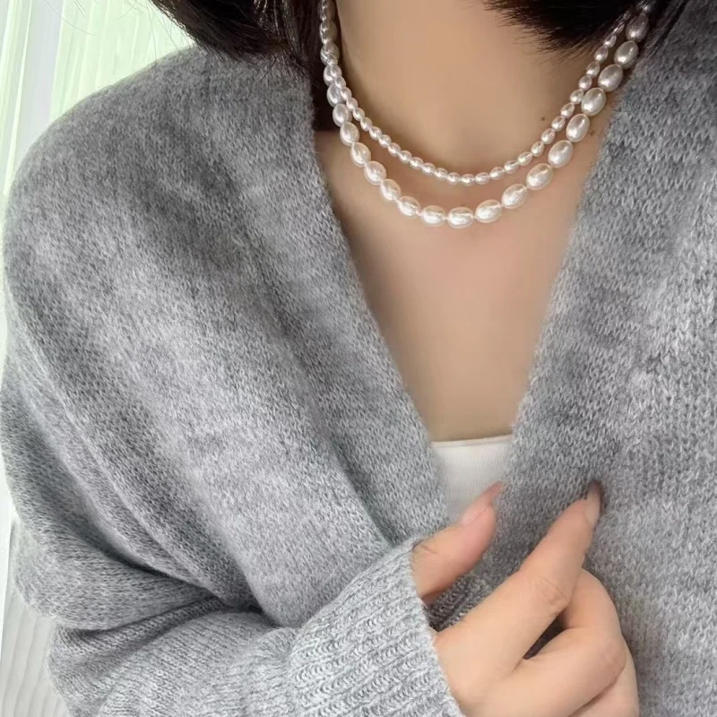 SGARlT French Vintage Double Layer Rice Pearl Chain 925 Sterling Silver Natural Freshwater Pearl Necklace for Women Jewelry