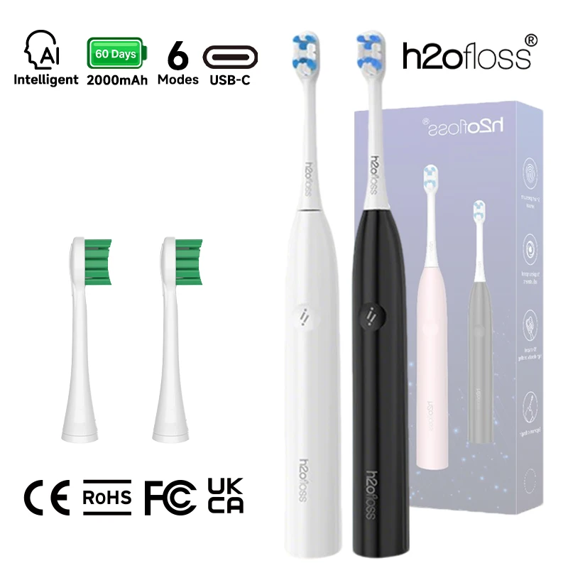 H2ofloss AI Sonic Electric Toothbrush 38000 VPM 6 Cleaning Modes 90-Day Battery IPX7 Waterproof for Daily Oral Care