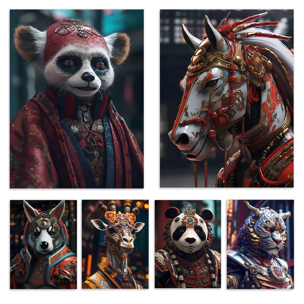 Peking opera chimpanzee, dog, horse, elephant, giraffe, pig, panda, meerkat, tiger gorgeous animal poster print, home decor