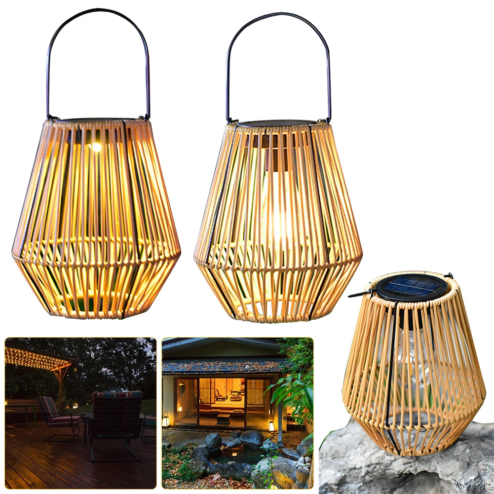 Lanterna solar de rattan ao ar livre, à prova d'água, suspensa/de pé, luz solar, movida a energia solar, luz de tecelagem de rattan para jardim e pátio