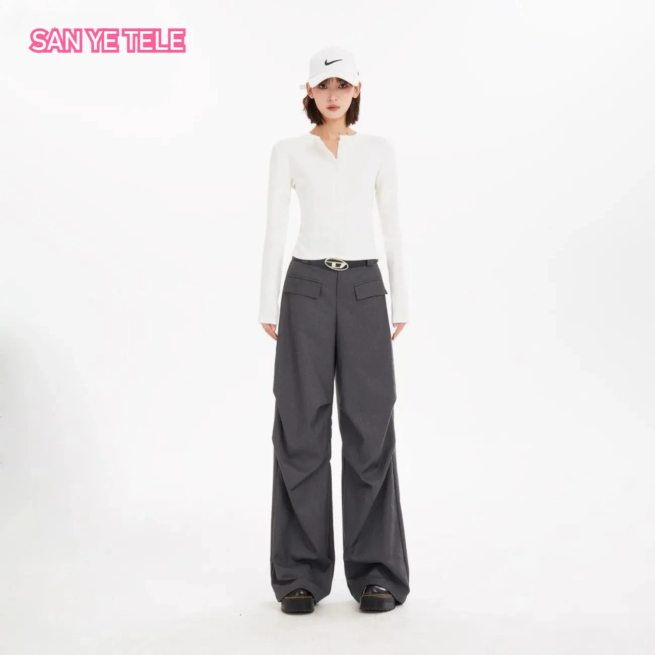 Wrinkled Silhouette Drape Suit Pant Women New High-end Gray Wide Leg Casual Korean High Waist Fashionable Loose Trousers