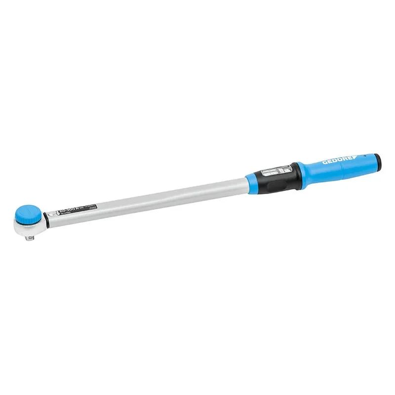 Adjustable torque wrench window displays reversible ratchet torque wrench.