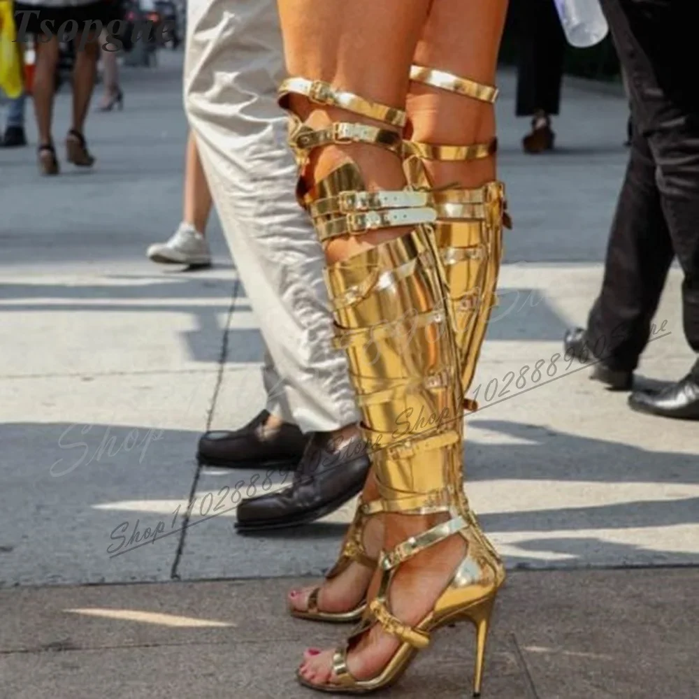 

Knee High Metallic Gold Buckle Strap Sandals Thin High Heel Women Shoes Back Zipper Open Toe 2024 Fashion Zapatos Para Mujere