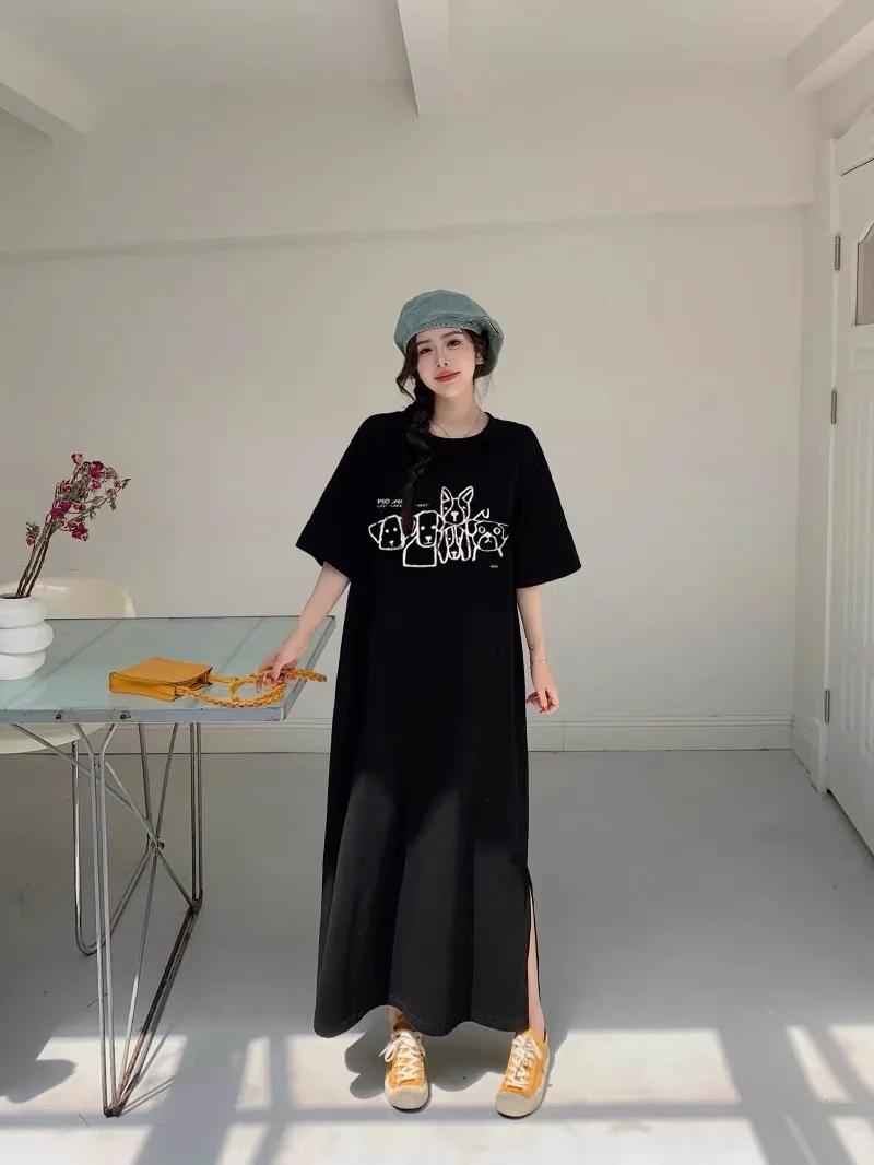 Lâche coréenne Sle T-shirt Dr Hong Kong Sle motif mignon conception mi-longue fente décontracté femmes Faion été Dr