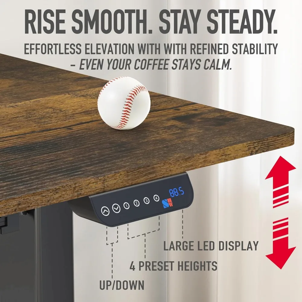 مكتب كهربائي قابل للتعديل بارتفاع 55 × 28 بوصة مع درج، إعداد الذاكرة المسبق، لمسة نهائية بنية ريفية، خيار مكتب قائم مريح