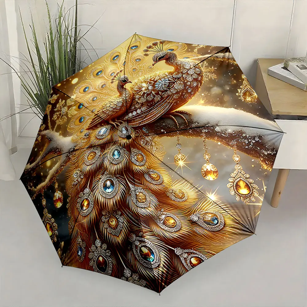 1PC Elegant Peacock Umbrella: Art and Function Combined Print 8 Iron Ribs Folding Umbrella Auto-Open Fashion Sunshade