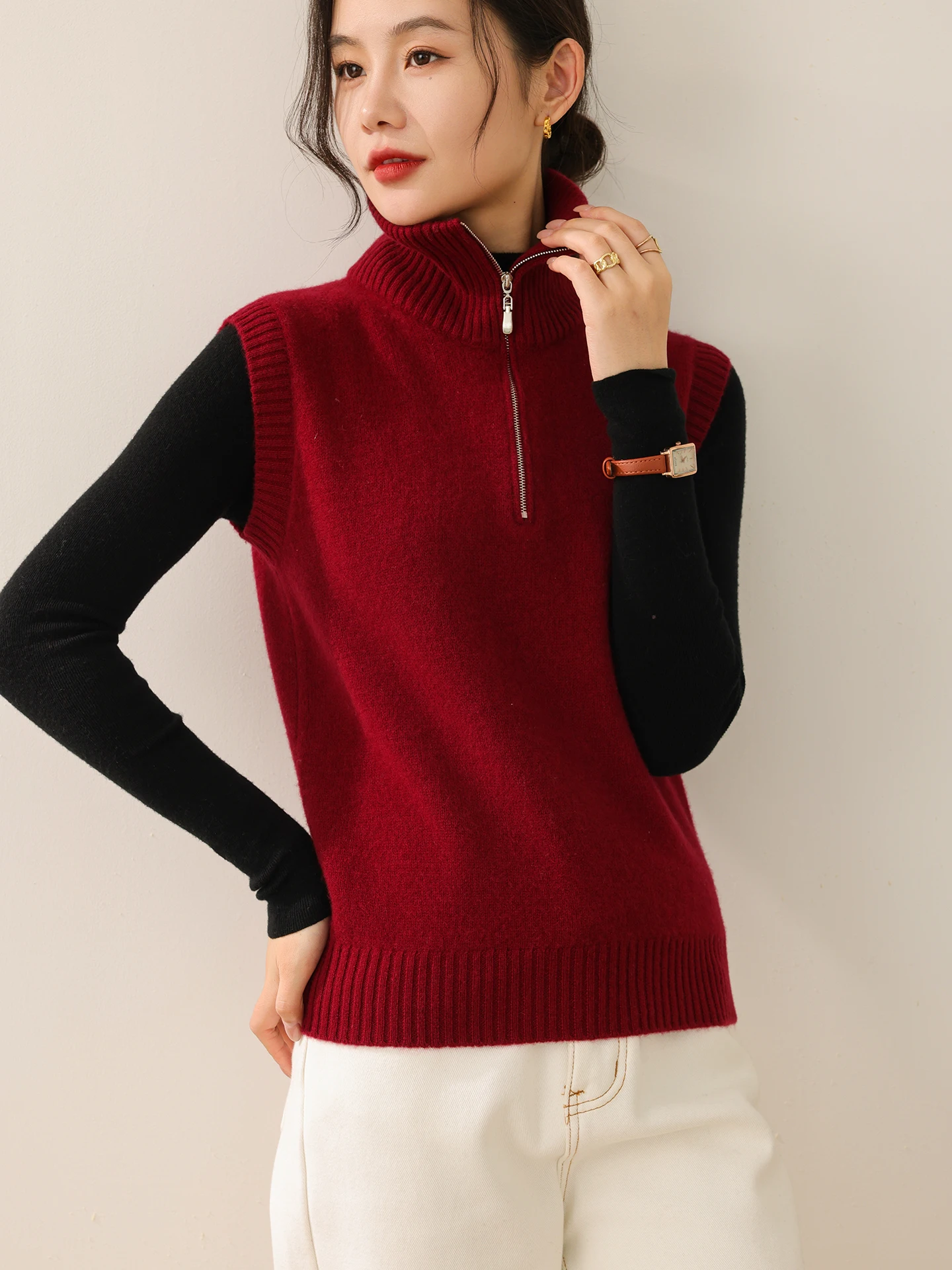 

Женский пуловер из 100% мериносовой шерсти, вязаный свитер без рукавов на молнии с высоким воротом, теплый удобный топ, повседневная осенне-зимняя одежда