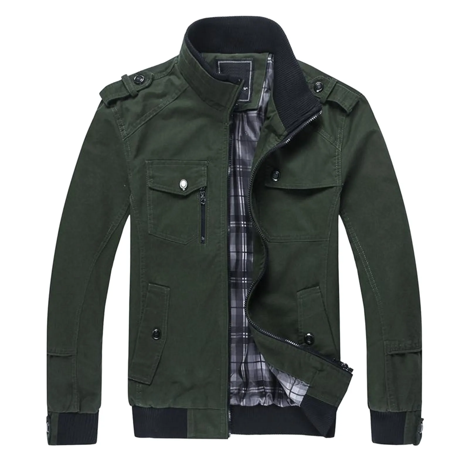 

Mens Fashion Simple Camouflage Print Pocket Cardigan Zipper Jacket Spring and Autumn Fashion Stand Neck Streetwear Outwear