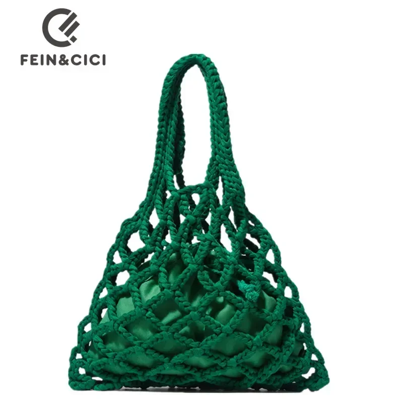 Designer Braided crochet net bag Women Casual summer woven beach bucket tote bag purse green khaki black color 2022 new