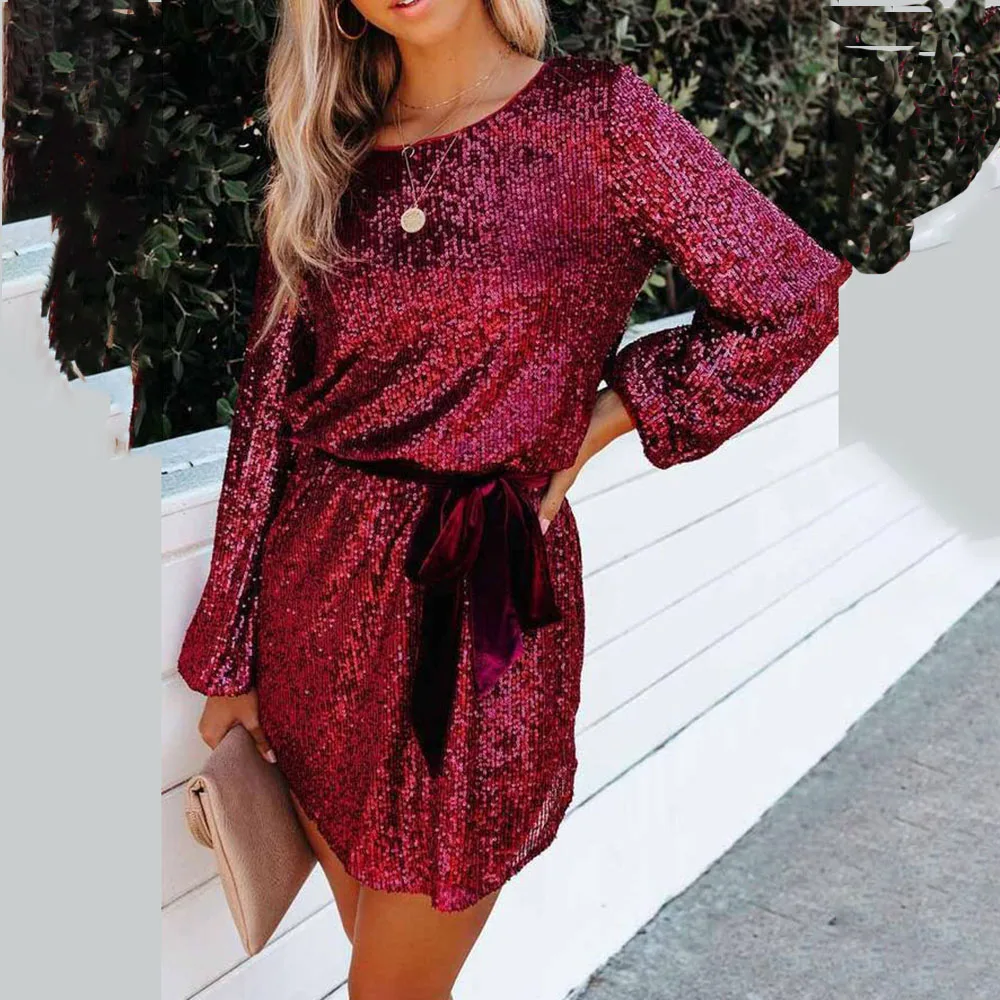 Women Dress 2023 Spring Fashion Sequin Lantern Long Sleeve Club Mini Dress Gold Silver Sashes O-Neck Shiny Dress Party Vestidos