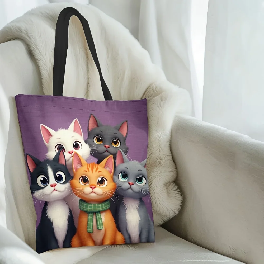 Shopping Bags Canvas Printing Adorable Cartoon Cat Tote Bag Durable Polyester Vibrant Orange White Kitten Design Green Scarf