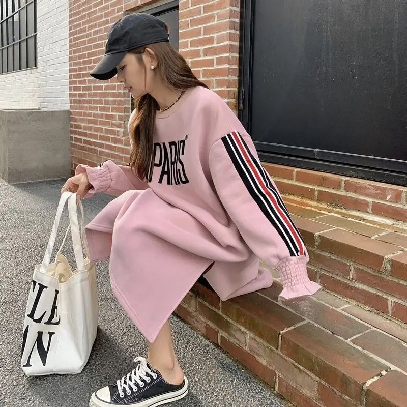 Pink Hoodie Dresses For Women Casual Shirts Pullovers Oversized Sweatshirt Retro Y2k Dresses Outerwear Hoodies Long Dresses