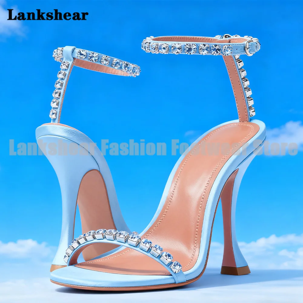 

Blue Satin Rhinestone Sandals Round Toe Ankle Strap Banquet High Heels Sexy Open Toe Sandals Summer Sandalias De Mujer Verano
