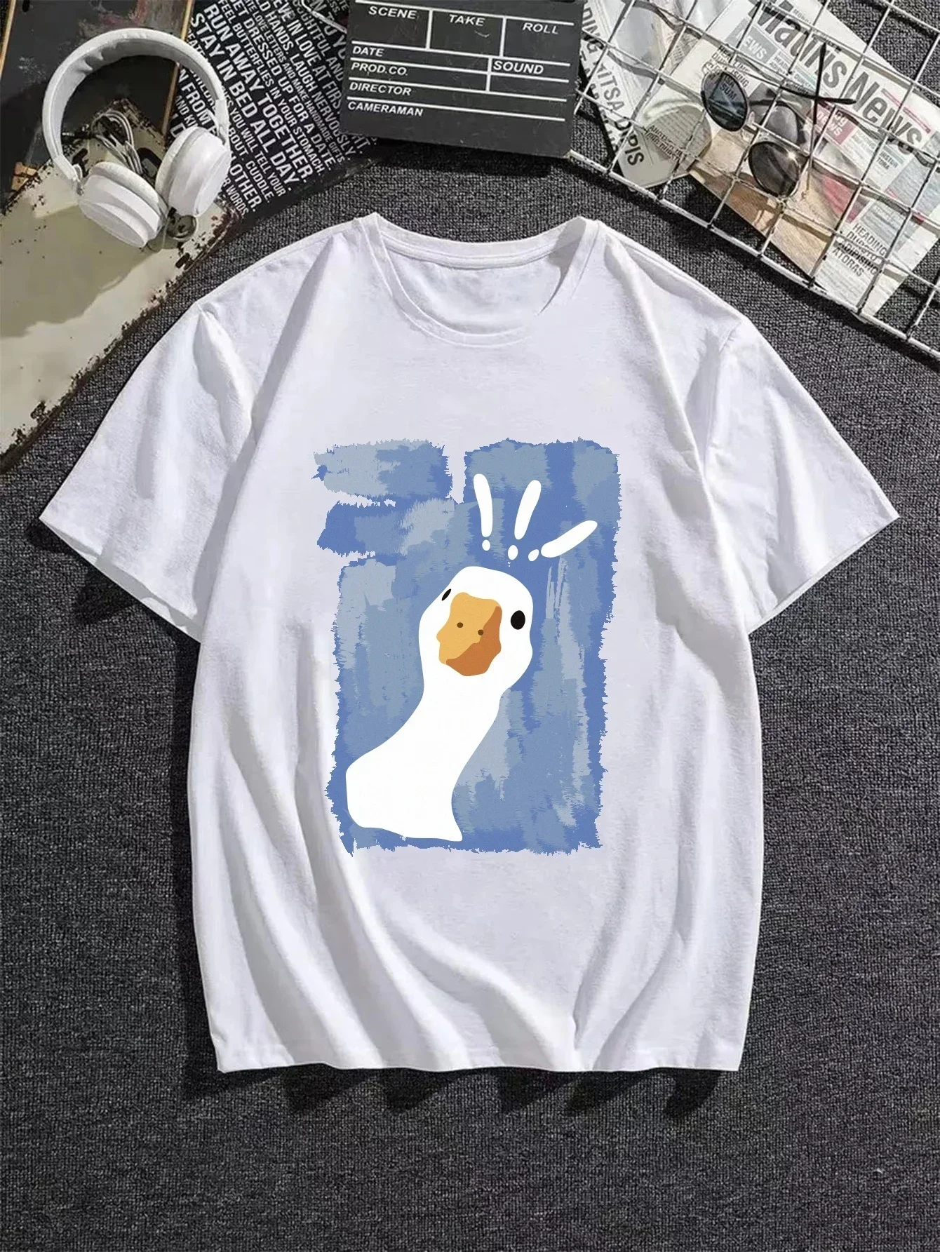 Men's Casual Graphic Tees For Summer, Question Mark Duck Print Oversized T-shirts, Trendy Chic Outfit Men's Clothings