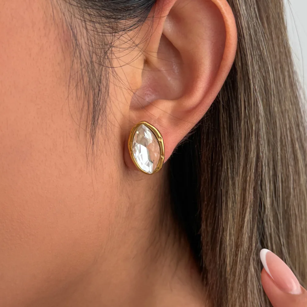 

PuRui New Sparkling Zircon Stainless Steel Stud Earrings Women Hypoallergenic 18K Gold Plated Oval Earrings Non Fading Jewelry